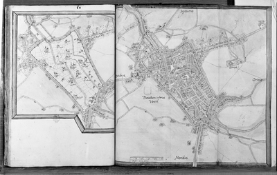 818848 Afbeelding van twee kaarten van de stad Utrecht: op de linker plattegrond een weergave van het skelet van het ...